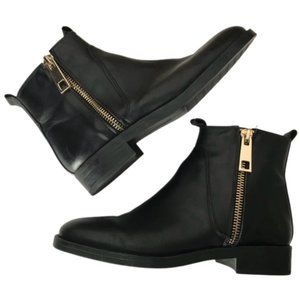 Zara Black Leather Chelsea Boots With Large Gold Zipper